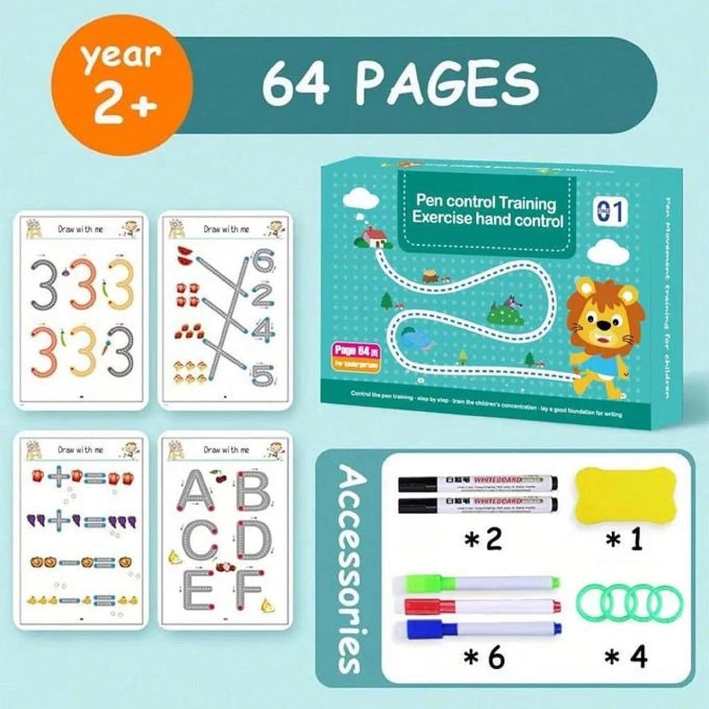 64 Pages Reusable Tracing Line Book For Improve Kids Hand Writing