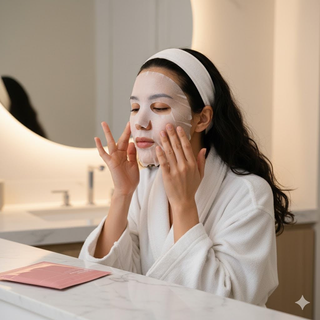 Woman applying a face mask in a bathroom setting