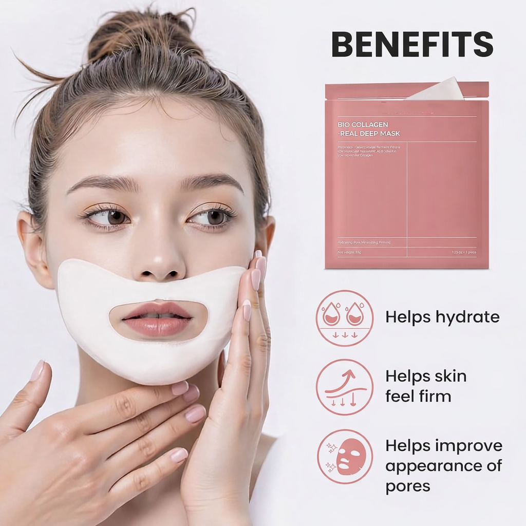 Woman applying a facial mask with product packaging and benefits listed on a white background