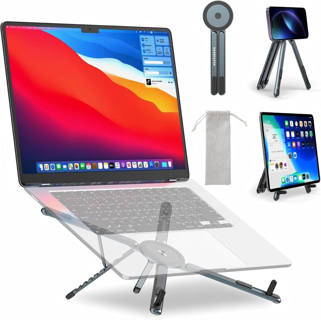 Aluminium Foldable & Adjustable Laptop Stand With Magnetic Phone Tablet Holder (New Design)